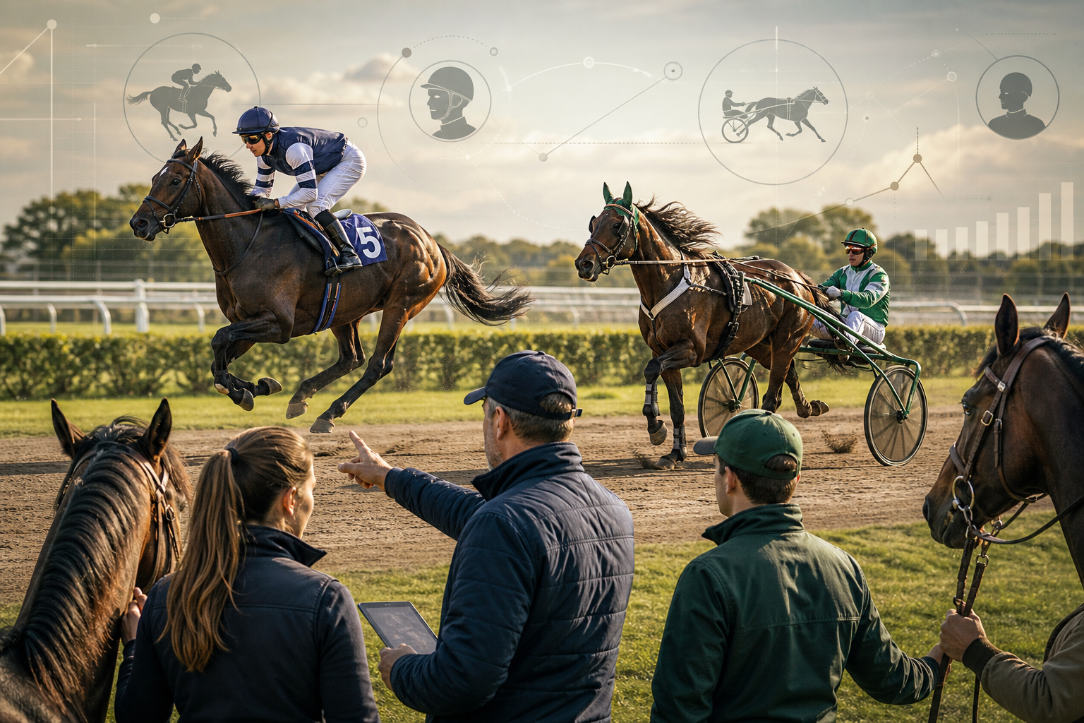 Illustration éditoriale — Jockey, driver, lad et entraîneur : qui fait quoi dans les courses ?