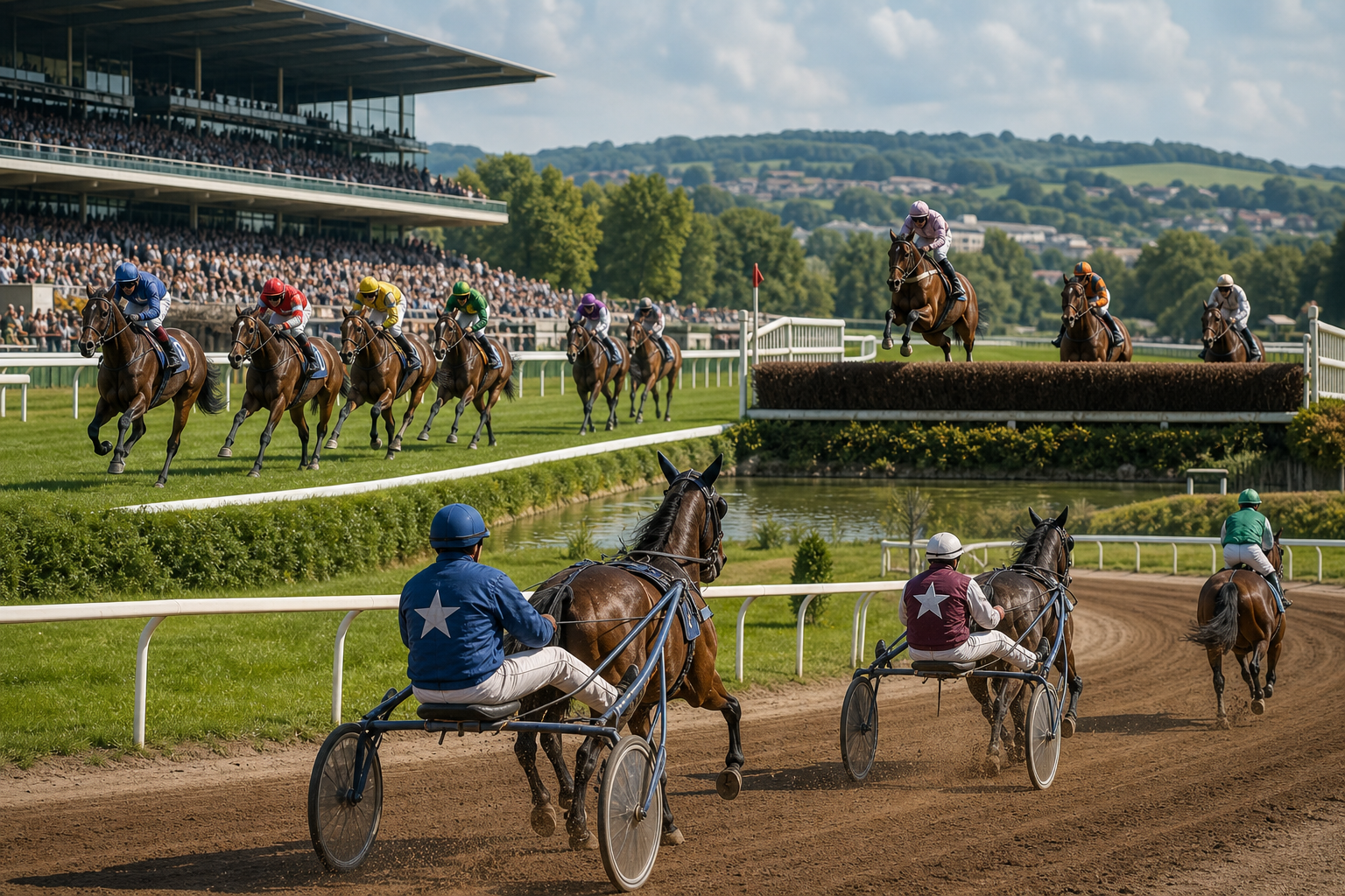 Illustration éditoriale — Plat, obstacle, trot attelé et trot monté : toutes les différences